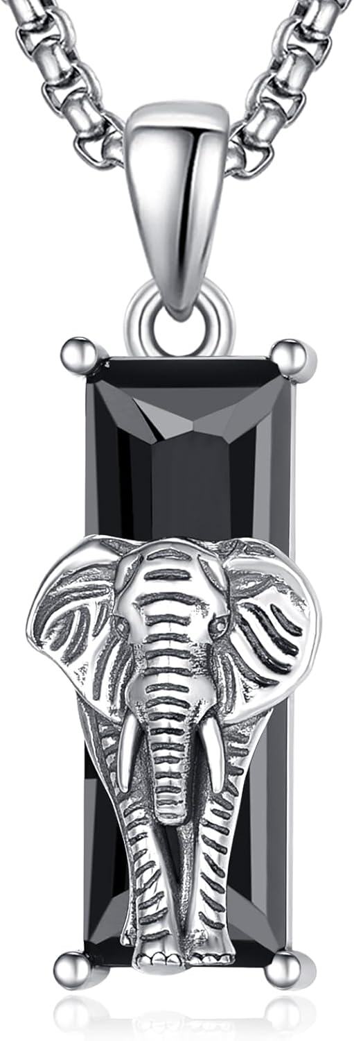 Sterling Silver Black Crystal Wolf Tiger Lion Dog Spider Eagle Scorpion Necklace-Elephant
