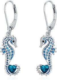 wholesale 925 Sterling Silver Birthstone Blue Seahorse Heart Drop Dangle Earrings for Women-December