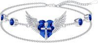 wholesale 925 Sterling Silver Angel Wing Bracelet with Cross Birthstone Guardian Angel Jewelry Gifts for Women-09-Sep-Sapphire