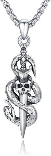 wholesale 925 Sterling Silver Skull & Sword Snake Pendant Gothic Necklace Jewelry for Women and Men -Skull Snake Sword Necklace