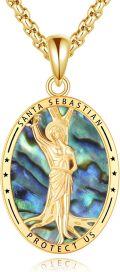 wholesale Gold 925 Sterling Silver Oval Pendant with Abalone Shell and Gold Plated Statue of Santa Sebasti¨¢n Protect Us - Religious Medal  for Men-0-0