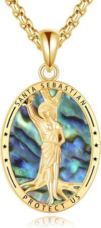 wholesale Gold 925 Sterling Silver Oval Pendant with Abalone Shell and Gold Plated Statue of Santa Sebasti¨¢n Protect Us - Religious Medal  for Men-Saint Sebastian