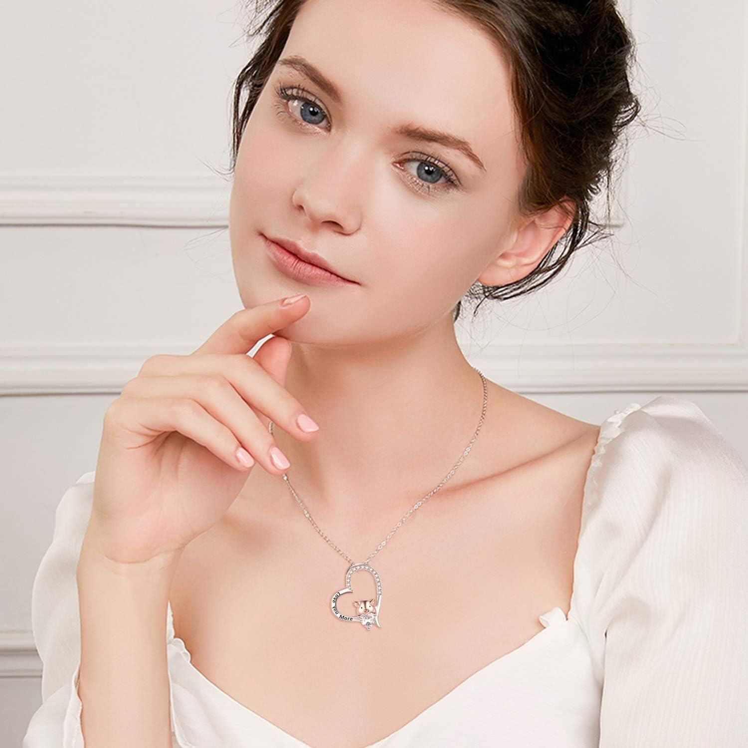 Sterling Silver CZ Pig Pendant Heart Necklace for Women Birthday Gifts-0-5