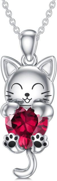 wholesale 925 Sterling Silver Birthstone Cat Pendant Necklace for Women-July(Ruby)