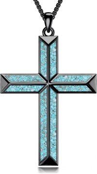 wholesale Sterling Silver Men s Black Cross Necklace with Turquoise Pendant-1-Turquoise