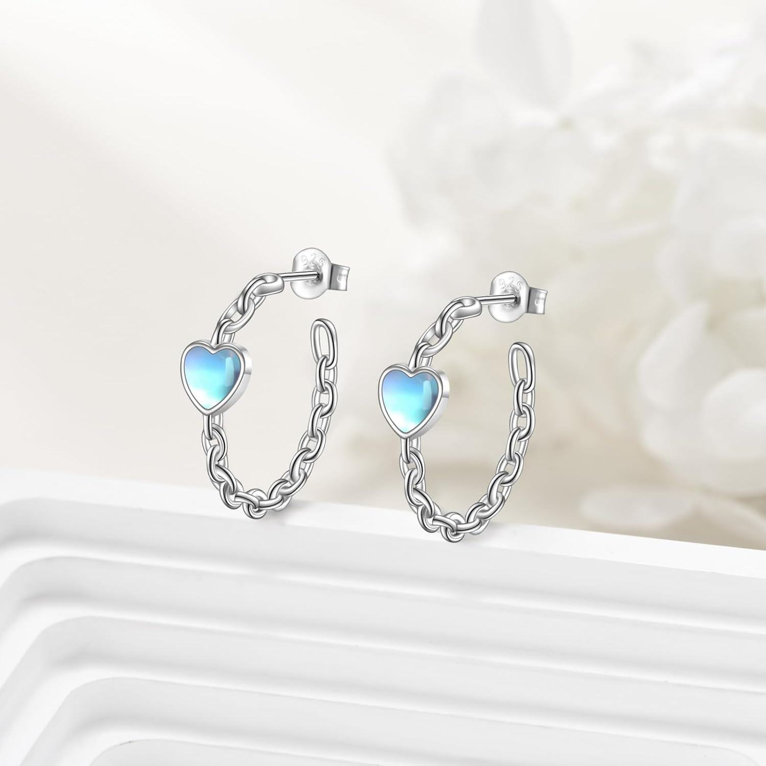 wholesale 925 Sterling Silver Metal Hollow Out Heart Moonstone Twist Chain Huggie Hoop Earrings Hypoallergenic Jewelry for Women-0-3