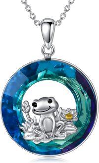 wholesale 925 Sterling Silver Blue Crystal Round Pendant Necklace with Frog Design-Frog
