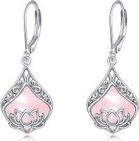 wholesale Sterling Silver Lotus Earrings with Moonstone Amber Onyx Lapis Larimar Rose Quartz Moss Agate-Lotus Rose Quartz Earrings-Oct.