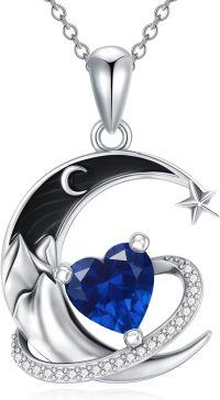 wholesale  Sterling Silver Birthstone Moon Star Heart Pendant Necklace -09-Sep-Sapphire