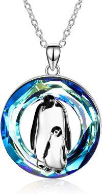 wholesale 925 Sterling Silver Blue Crystal Penguin Mother & Baby Pendant Necklace Gift for Women Girls-Blue