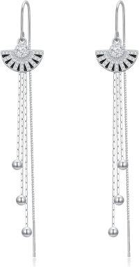 wholesale 925 Sterling Silver Cubic Zirconia Clam Shell Threader Earrings with Tassel Chain 8.1cm-Ginkgo Biloba