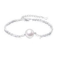 wholesale 925 Sterling Silver 10mm Freshwater Pearl Adjustable Bracelet Gift for Women-WHITE