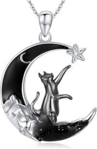 wholesale 925 Sterling Silver Crescent Moon & Star with Black Onyx and White Cubic Zirconia Pendant Necklace 18+2 Chain for Women-Black-Diamond