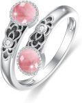 wholesale 925 Sterling Silver Pink Stone Adjustable Vintage Floral Ring - 5.3mm Double Stone, Size 8, Oxidized Design-0-0