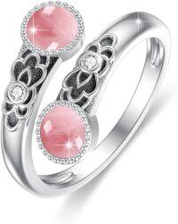 wholesale 925 Sterling Silver Pink Stone Adjustable Vintage Floral Ring - 5.3mm Double Stone, Size 8, Oxidized Design-Cat's Eye