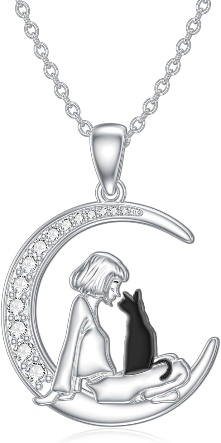 925 Sterling Silver Moon & Girl with Black Cat Pendant Necklace for Women-0-0