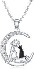 wholesale 925 Sterling Silver Moon & Girl with Black Cat Pendant Necklace for Women-0-0