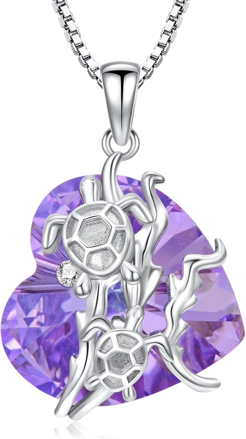 wholesale 925 Sterling Silver Purple Crystal Heart & Turtles Pendant Necklace-0-0