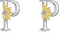 wholesale Sterling Silver Sunflower Initial Alphabet Letter Script Name Stud Earrings for Women-Initial P
