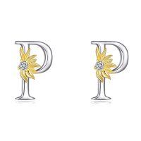 wholesale 925 Sterling Silver Sunflower Initial Alphabet Letter Script Name Stud Earrings for Women-Initial P