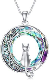 wholesale 925 Sterling Silver Cat on the Moon Pendant Necklace with Blue Circle Crystal Celtic s for Women-1 Cat(Silver)-Purple Crystal-01-A