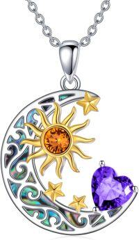 wholesale Sterling Silver Simulated Birthstone Sun Moon Star Pendant Necklace-Sun Moon Star-Feb.