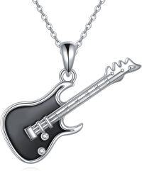 wholesale 925 Sterling Silver Electric Guitar Necklace with Black Enamel and CZ Stones Musical Instrument Jewelry for Women Girls Gift 48 Chain Length-Guitar