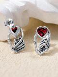 wholesale 925 Sterling Silver Heart-Shaped Red Stone Skeleton Hands Stud Earrings-0-2