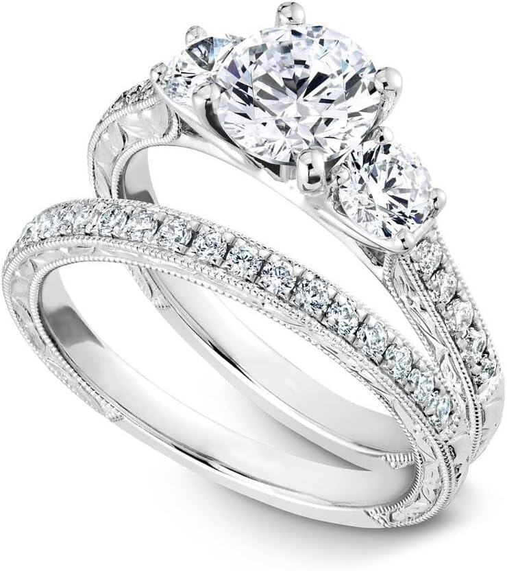 Sterling Silver White Yellow Rose Gold Moissanite D VVS1 Round Bridal Ring Set for Women-6.5 Filigree-3 Pcs Moissanites-White Gold Plated
