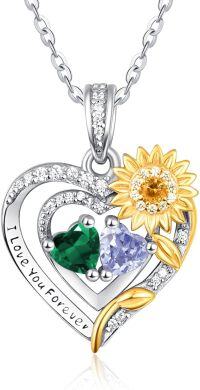 wholesale Sterling Silver 2 Birthstones Sunflower Heart Necklace for Women-05-06-May-Jun