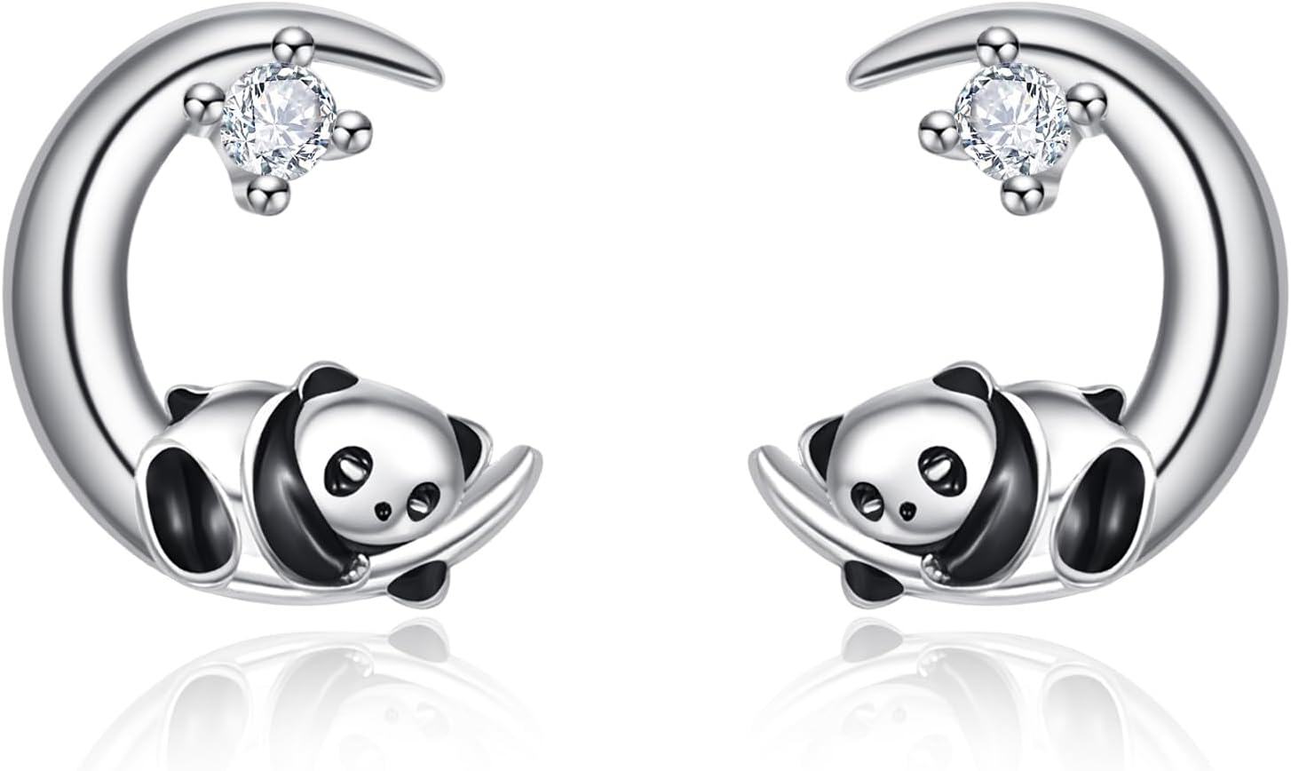 925 Sterling Silver Panda on the Moon Stud Earrings for Women - Hypoallergenic Jewelry-0-0