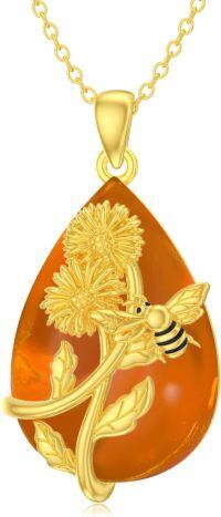 wholesale 925 Sterling Silver Amber Sunflower & Bee Pendant Necklace - Nature Inspired s for Her-Amber Daisy Bee