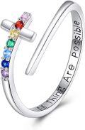 wholesale 925 Sterling Silver Rainbow Stone 7 Chakra Cross Adjustable Ring - Inspirational Faith s for Women-0-0
