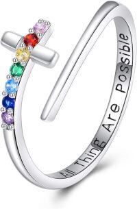 wholesale 925 Sterling Silver Rainbow Stone 7 Chakra Cross Adjustable Ring - Inspirational Faith s for Women-Cross