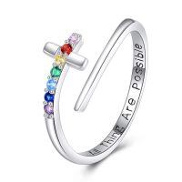 wholesale 925 Sterling Silver Rainbow Cross Open Ring With Engraving All Thing Are Possible-Cross
