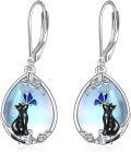 wholesale 925 Sterling Silver Moonstone Butterfly Black Cat Drop Earrings for Women - Unique Gifts for Cat Lovers-0-0