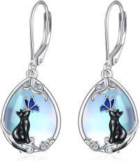 wholesale 925 Sterling Silver Moonstone Butterfly Black Cat Drop Earrings for Women - Unique Gifts for Cat Lovers-Black Cat Butterfly
