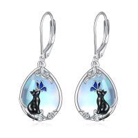 wholesale 925 Sterling Silver Moonstone Butterfly Black Cat Drop Earrings for Women - Unique Gifts for Cat Lovers-Black Cat Butterfly