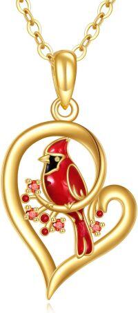 wholesale 14K Yellow Gold Cardinal Bird Heart Pendant Necklace Gift for Women Girls-Cardinal