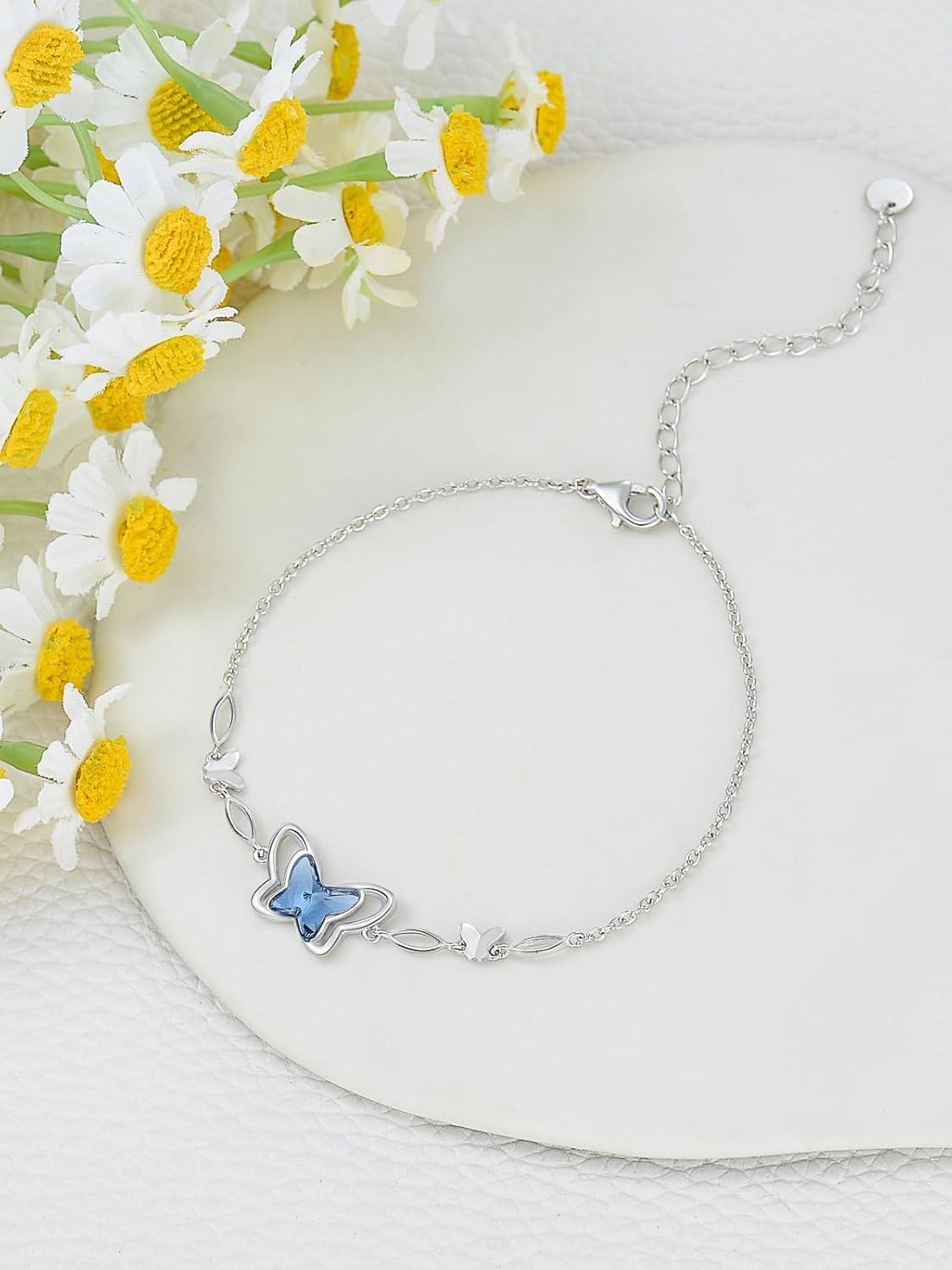 wholesale 925 Sterling Silver Blue Crystal Butterfly Adjustable Bracelet for Women Girls Gifts-0-4
