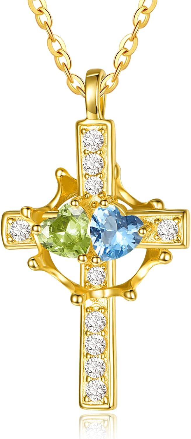 Sterling Silver Birthstones Gold Cross Necklace for Women -08-12-Aug-Dec-08-12-Aug-Dec