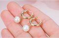 wholesale 14K Gold Freshwater Cultured Pearl 3mm Huggie Hoop Earrings with Snake Shape Pendant-0-2
