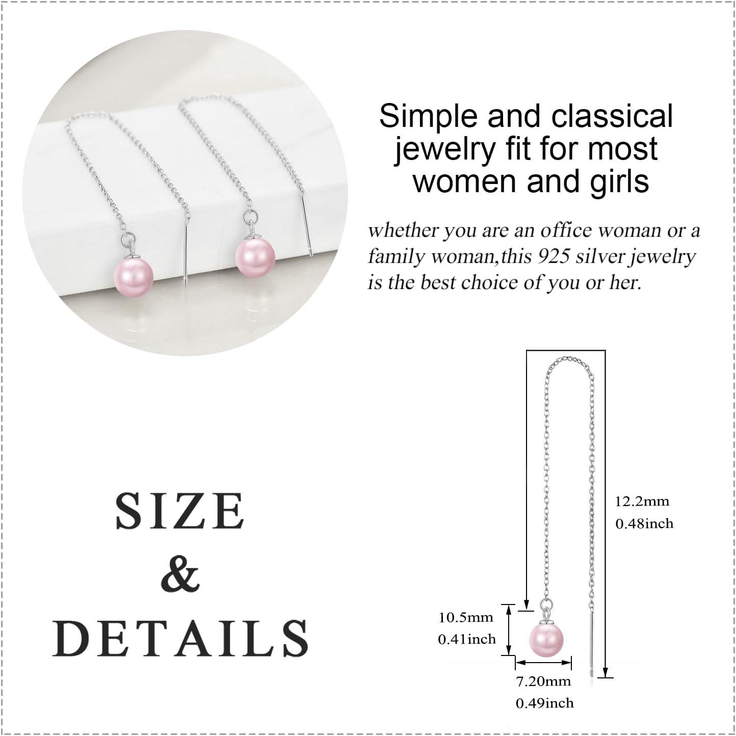 925 Sterling Silver Pink Pearl Threader Earrings with Chain and Bar Design-0-4