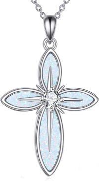 wholesale Sterling Silver Opal Cross Necklace for Women Men Religious Jewelry Gift-White opal cross