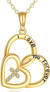 wholesale 14K Gold I Love You Forever Heart Cross Pendant Necklace for Women-Double Hearts Cross