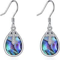 wholesale 925 Sterling Silver Abalone Shell Teardrop Celtic Cross Dangle Earrings - Irish Fashion s for Women-Abalone Shell