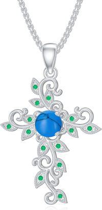 wholesale 925 Sterling Silver Natural Turquoise and Emerald Flower Design Pendant Necklace-Cross Neckalce-4
