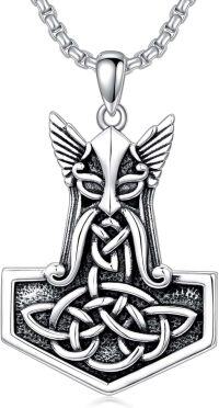 wholesale Sterling Silver Viking Necklace w Wolf Thor s Hammer Vegvisir Tree of Life Compass Pendant-B-Thors Hammer Necklace D