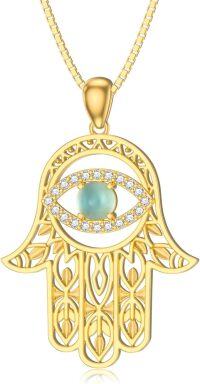 wholesale 18K Gold Plated Evil Eye Hamsa Necklace with Natural Gemstone-Jade