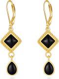 wholesale 925 Sterling Silver & Black Onyx Square Teardrop Leverback Earrings - Bohemian  for Women-0-0